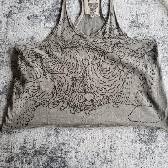 Gray Cotton Raw Edge PEEL Tank Top w Sheep and Guitar Player screen print Design - Picture 8 of 12